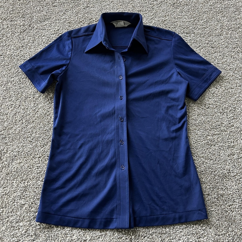 Vintage Sears Shirt Womens 10 Blue Perma-Prest Polyester Knit Button Top